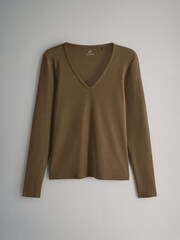 The Set Navy/Brown/Stripe/Cream 4 Pack V-Neck Ribbed Long Sleeve T-Shirts - Image 2 of 7
