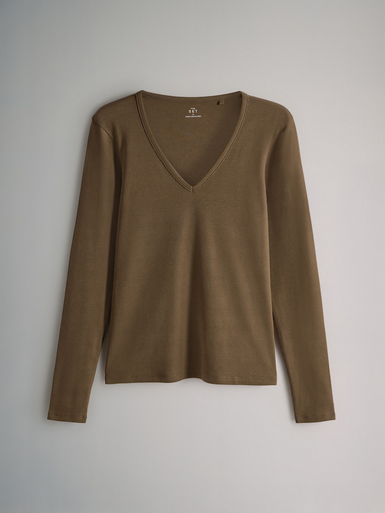 The Set Navy/Brown/Stripe/Cream 4 Pack V-Neck Ribbed Long Sleeve T-Shirts - Image 2 of 7