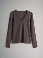 The Set Navy/Brown/Stripe/Cream 4 Pack V-Neck Ribbed Long Sleeve T-Shirts - Image 4 of 7