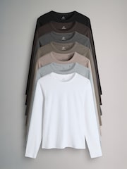 The Set Black/White/Grey Marl/Charcoal/Brown/Taupe Brown 7 Pack Long Sleeve Ribbed T-Shirts - Image 1 of 10