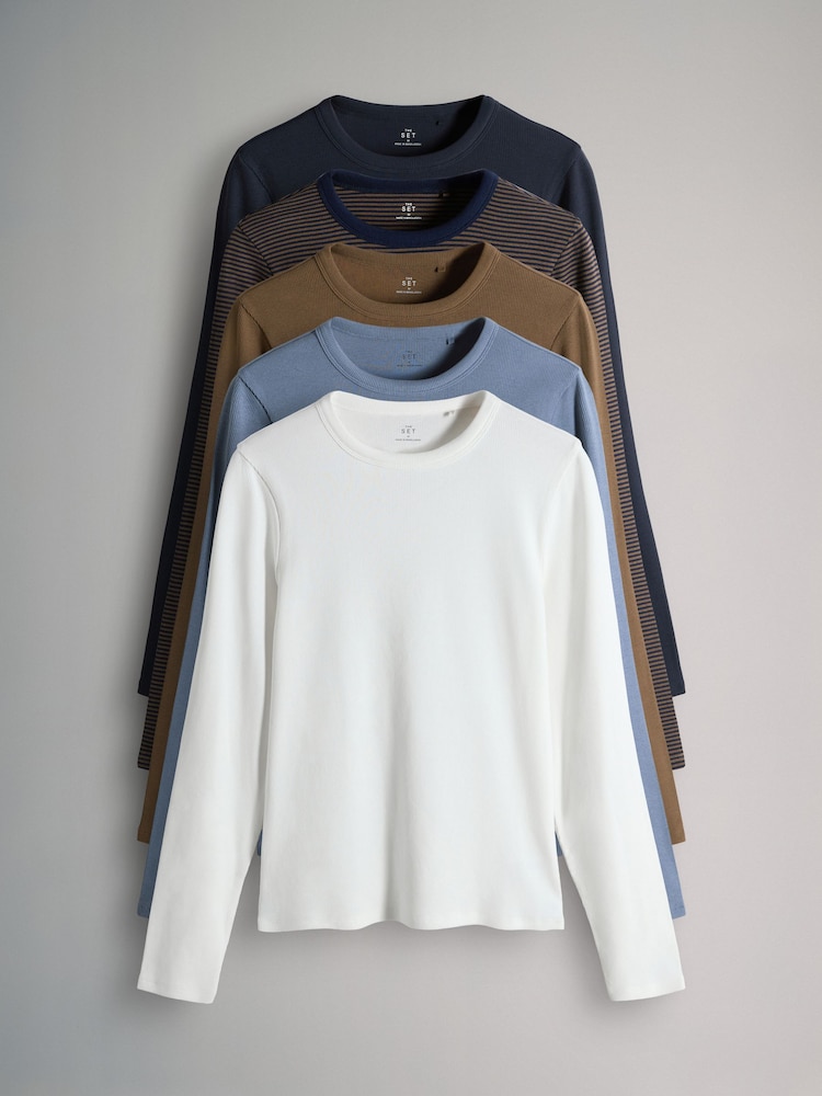 The Set Cream/Navy/Light Blue/Brown/Stripe 5 Pack Ribbed Long Sleeve T-Shirts - Image 1 of 8