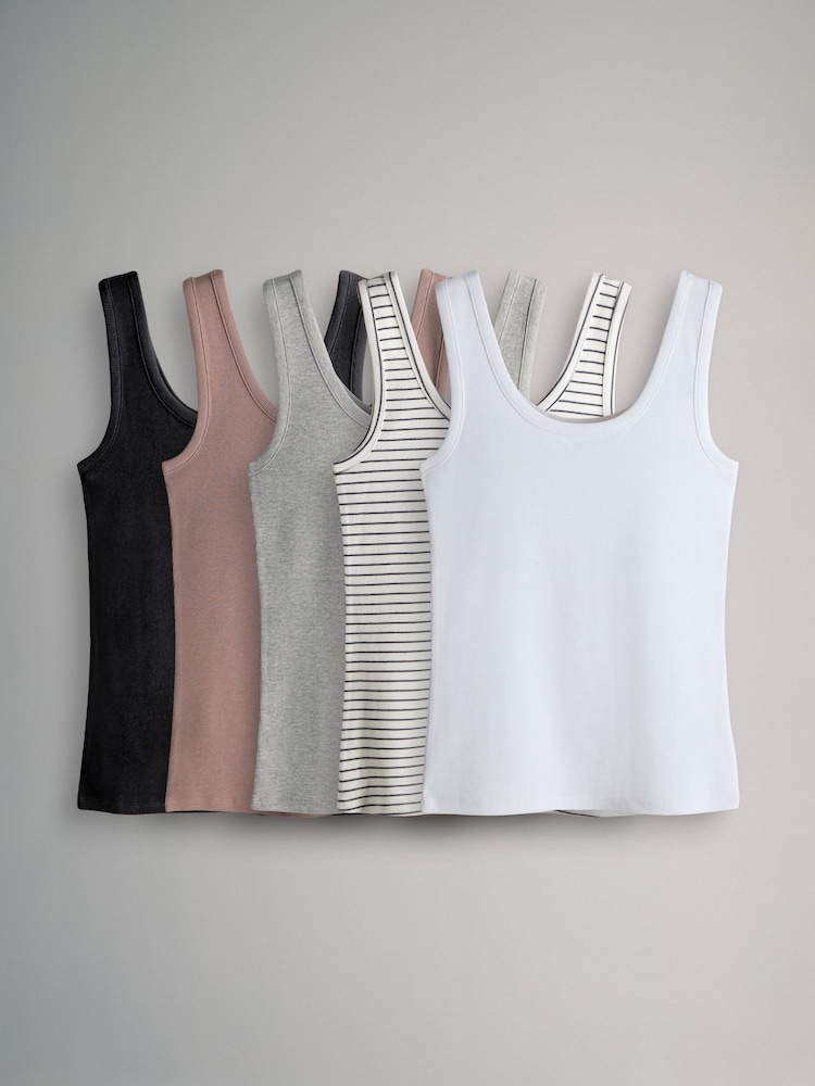 The Set Black/White/Grey Marl/Dusty Pink/Stripe 5 Pack Ribbed Scoop Neck Vests - Image 1 of 8