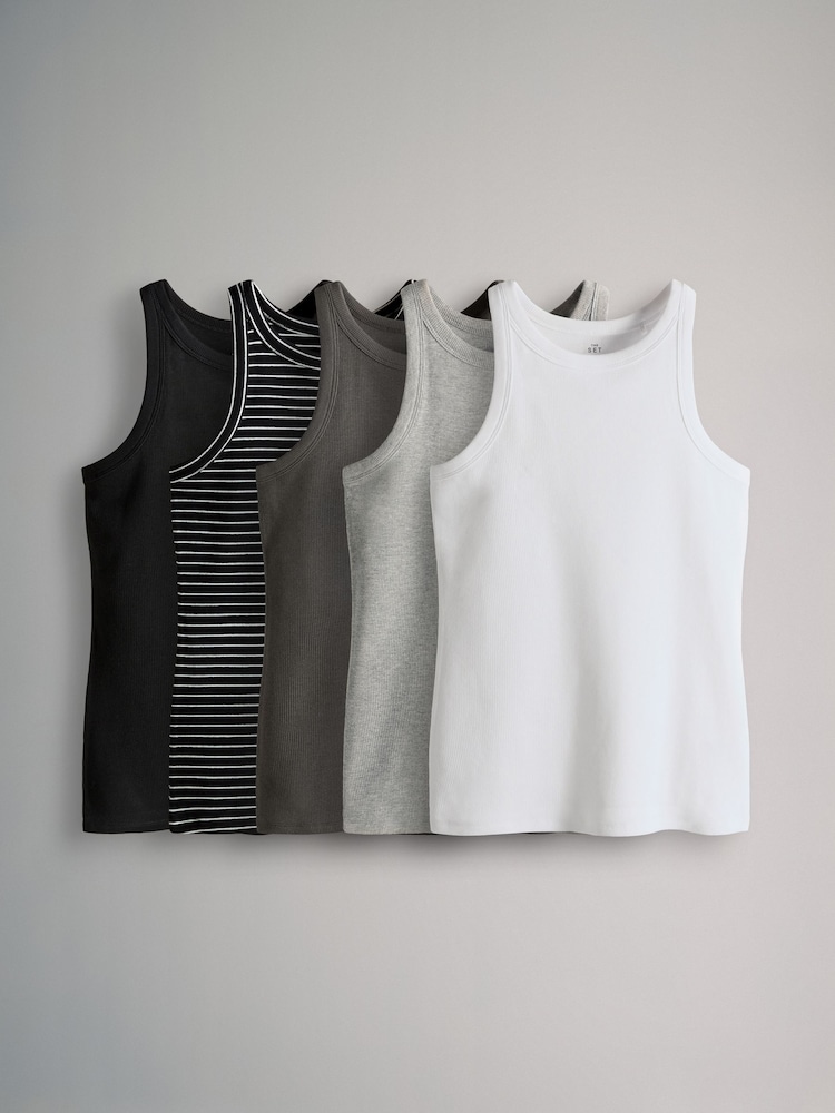 The Set White/Black/Stripe/Charcoal/Light Grey 5 Pack Ribbed Racer Vests - Image 1 of 8 The Set White/Black/Stripe/Charcoal/Light Grey 5 Pack Ribbed Racer Vests - Image 1 of 8