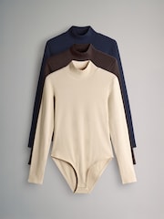 The Set Navy Blue/Chocolate Brown/Cream 3 Pack Long Sleeve Ribbed High Neck Bodysuits - Image 1 of 6