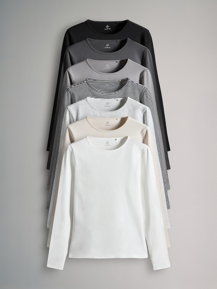 The Set Stripe,Black,Greys,White 7 Pack Long Sleeve Crew Neck T-Shirts - Image 1 of 10 The Set Stripe,Black,Greys,White 7 Pack Long Sleeve Crew Neck T-Shirts - Image 1 of 10