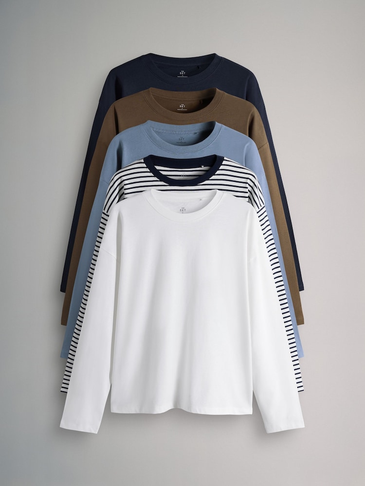 The Set Navy/White/Brown/Light Blue/Stripe 5 Pack Long Sleeve Relaxed T-Shirts - Image 1 of 8 The Set Navy/White/Brown/Light Blue/Stripe 5 Pack Long Sleeve Relaxed T-Shirts - Image 1 of 8