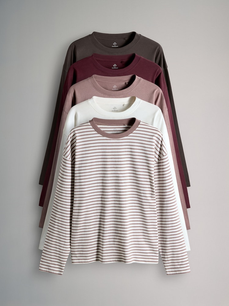 The Set Chocolate Brown/Berry/Mid Pink/Stripe/Cream 5 Pack Long Sleeved Relaxed T-Shirts - Image 1 of 8