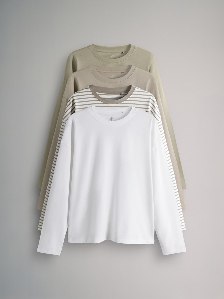 The Set Khaki Green/Taupe Brown/Stripe/Cream 4 Pack Relaxed Long Sleeve T-Shirts - Image 1 of 7 The Set Khaki Green/Taupe Brown/Stripe/Cream 4 Pack Relaxed Long Sleeve T-Shirts - Image 1 of 7