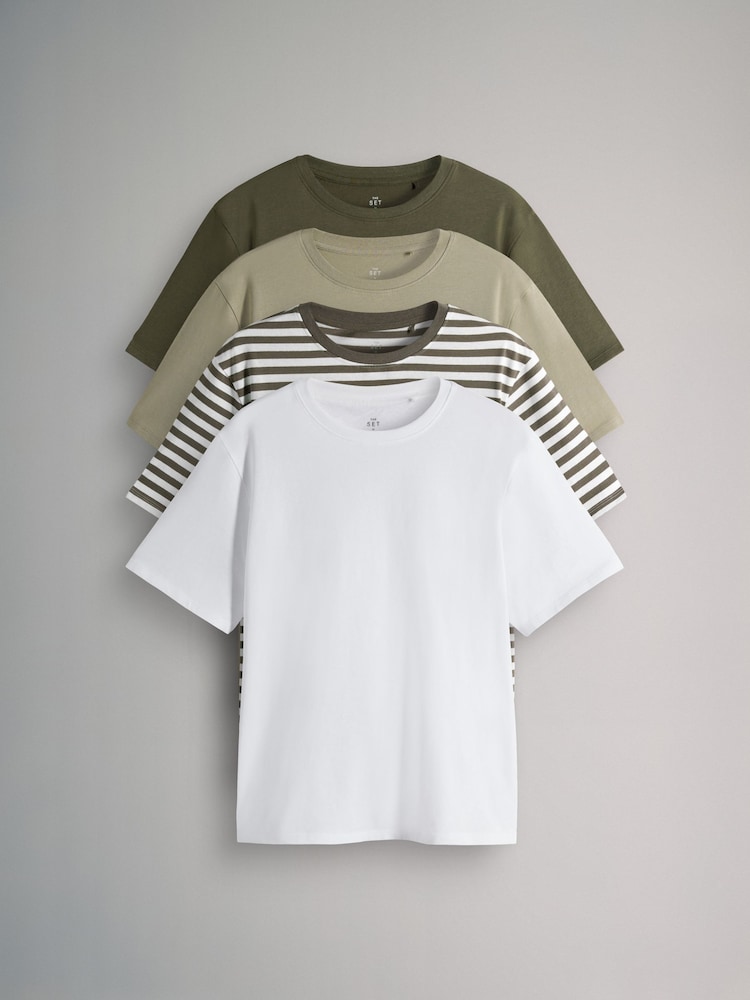 The Set White/Stripe/Khaki/Light Khaki 4 Pack Short Sleeved Relaxed T-Shirts - Image 1 of 7 The Set White/Stripe/Khaki/Light Khaki 4 Pack Short Sleeved Relaxed T-Shirts - Image 1 of 7