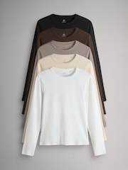 The Set Black/Chocolate Brown/Taupe Brown/Nude/White 5 Pack Long Sleeve Rib T-Shirts - Image 1 of 8