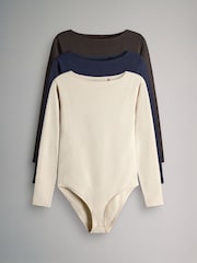 The Set Navy Blue/Neutral/Chocolate Brown Boat Neck Ribbed Bodysuit 3 Pack - Image 2 of 9