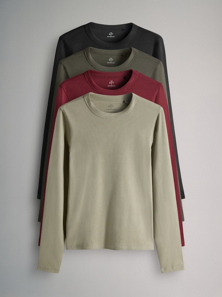 The Set Black/Berry/Khaki/Neutral 4 Pack Long Sleeve Ribbed T-Shirts - Image 1 of 7 The Set Black/Berry/Khaki/Neutral 4 Pack Long Sleeve Ribbed T-Shirts - Image 1 of 7