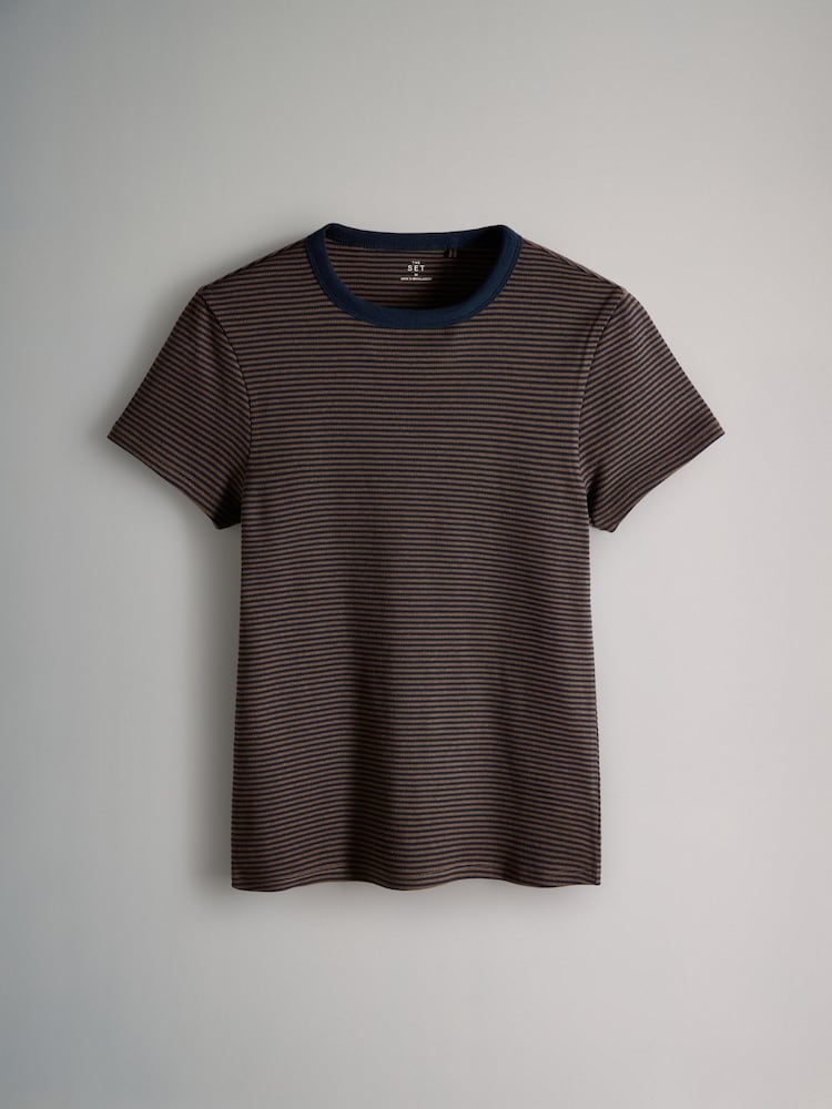 The Set Cream/Navy/Light Blue/Brown/Stripe 5 Pack Short Sleeve Ribbed T-Shirts - Image 4 of 8