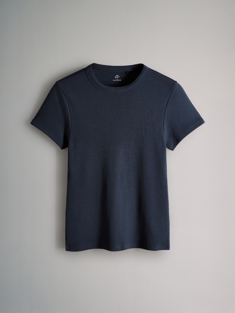 The Set Cream/Navy/Light Blue/Brown/Stripe 5 Pack Short Sleeve Ribbed T-Shirts - Image 5 of 8