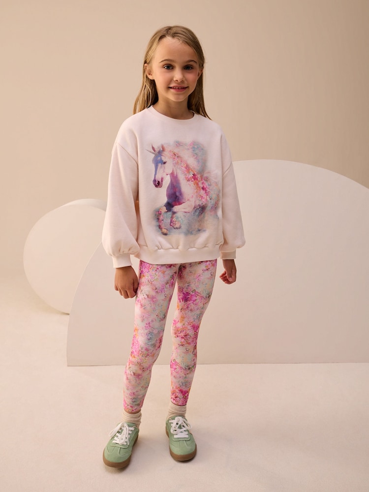 Cream/Pink Unicorn Sweatshirt And Leggings Set (3-16yrs) - Image 1 of 3