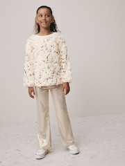 Cream/Gold Fluffy Sequin Top and Flared Leggings Party Set (3-16yrs) - Image 1 of 9