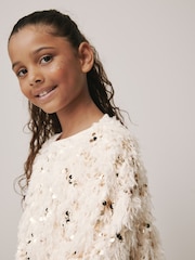 Cream/Gold Fluffy Sequin Top and Flared Leggings Party Set (3-16yrs) - Image 3 of 9