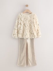 Cream/Gold Fluffy Sequin Top and Flared Leggings Party Set (3-16yrs) - Image 5 of 9