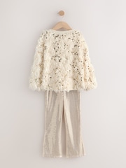 Cream/Gold Fluffy Sequin Top and Flared Leggings Party Set (3-16yrs) - Image 6 of 9