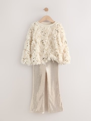 Cream/Gold Fluffy Sequin Top and Flared Leggings Party Set (3-16yrs) - Image 7 of 9