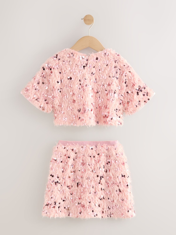 Pink Fluffy Sequin T-Shirt and Skirt Set (3-16yrs) - Image 2 of 4