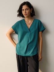 Teal Blue Relaxed Fit Short Sleeve Overhead V-Neck Blouse - Image 1 of 6