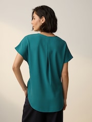 Teal Blue Relaxed Fit Short Sleeve Overhead V-Neck Blouse - Image 2 of 6