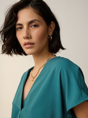 Teal Blue Relaxed Fit Short Sleeve Overhead V-Neck Blouse - Image 3 of 6