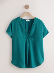 Teal Blue Relaxed Fit Short Sleeve Overhead V-Neck Blouse - Image 4 of 6