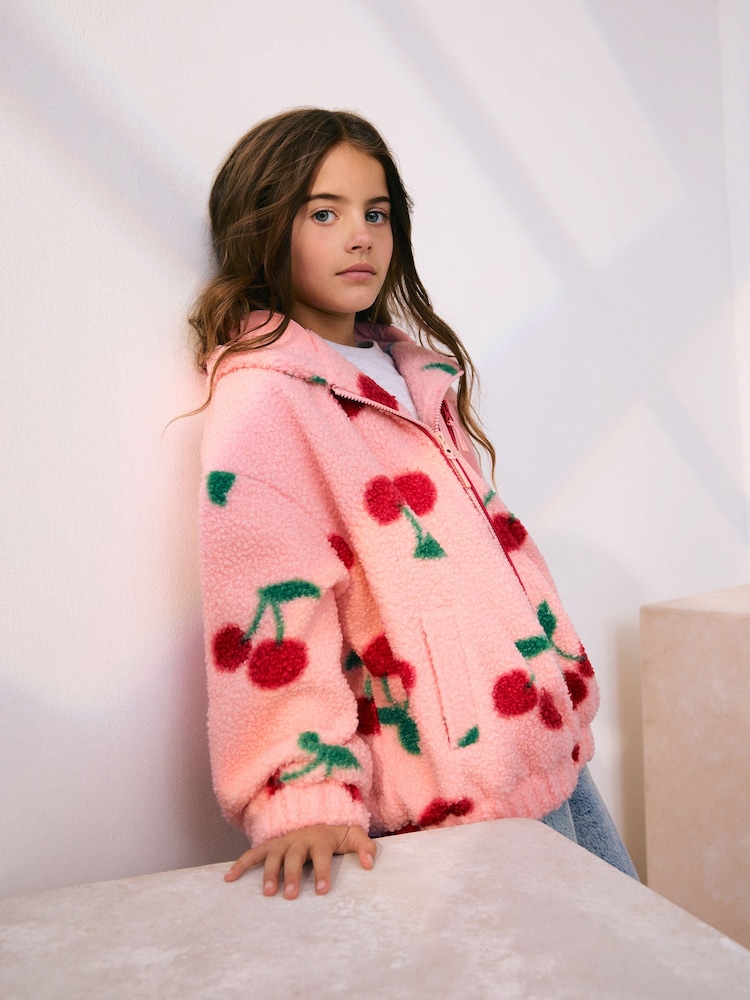 Pink/Red Cherry Hooded Zip Borg Fleece Jacket (3-16yrs) - Image 1 of 10