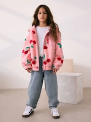 Pink/Red Cherry Hooded Zip Borg Fleece Jacket (3-16yrs) - Image 2 of 10