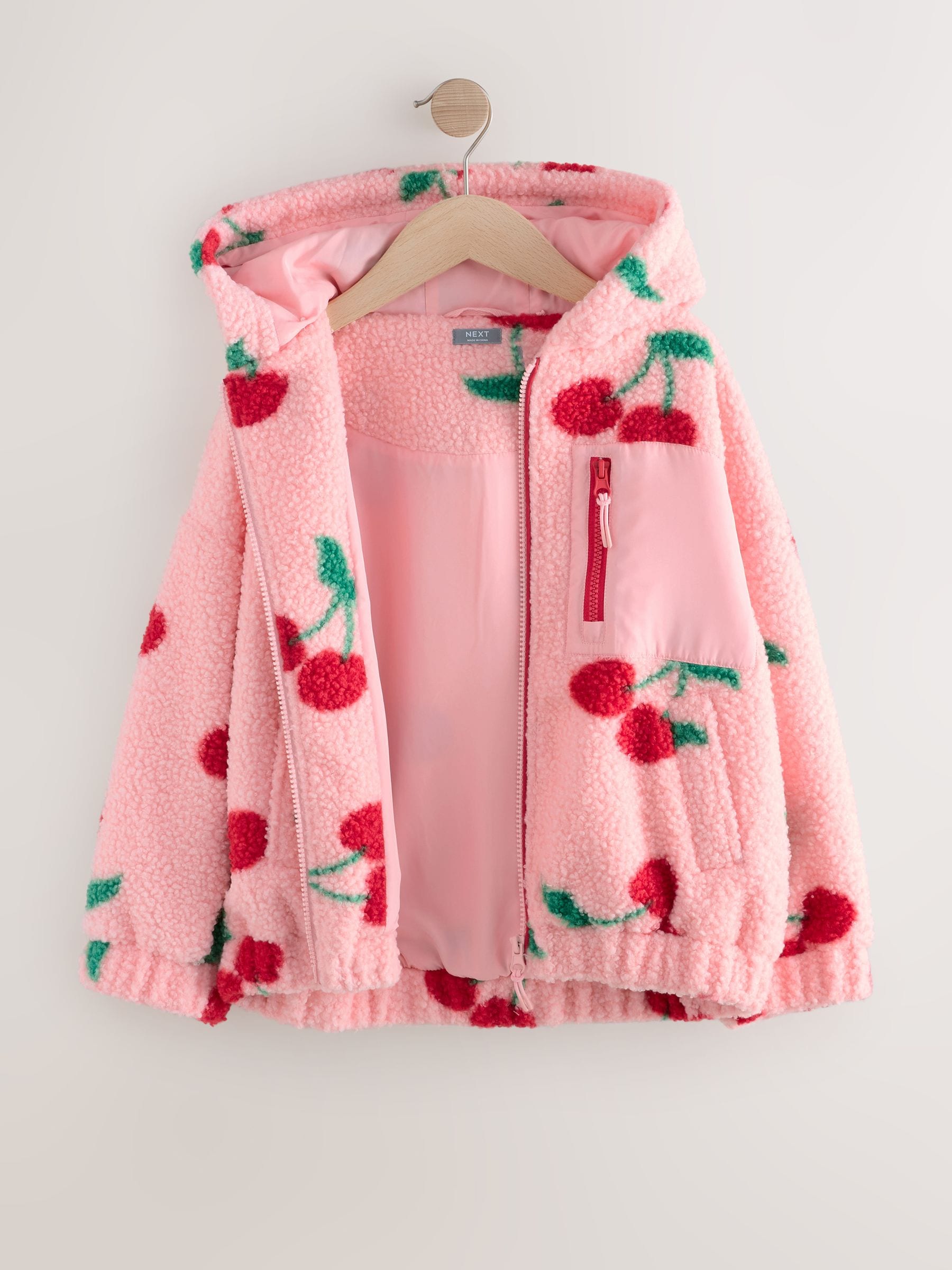 Buy Pink/Red Cherry Hooded Zip Borg Fleece Jacket (3-16yrs) from