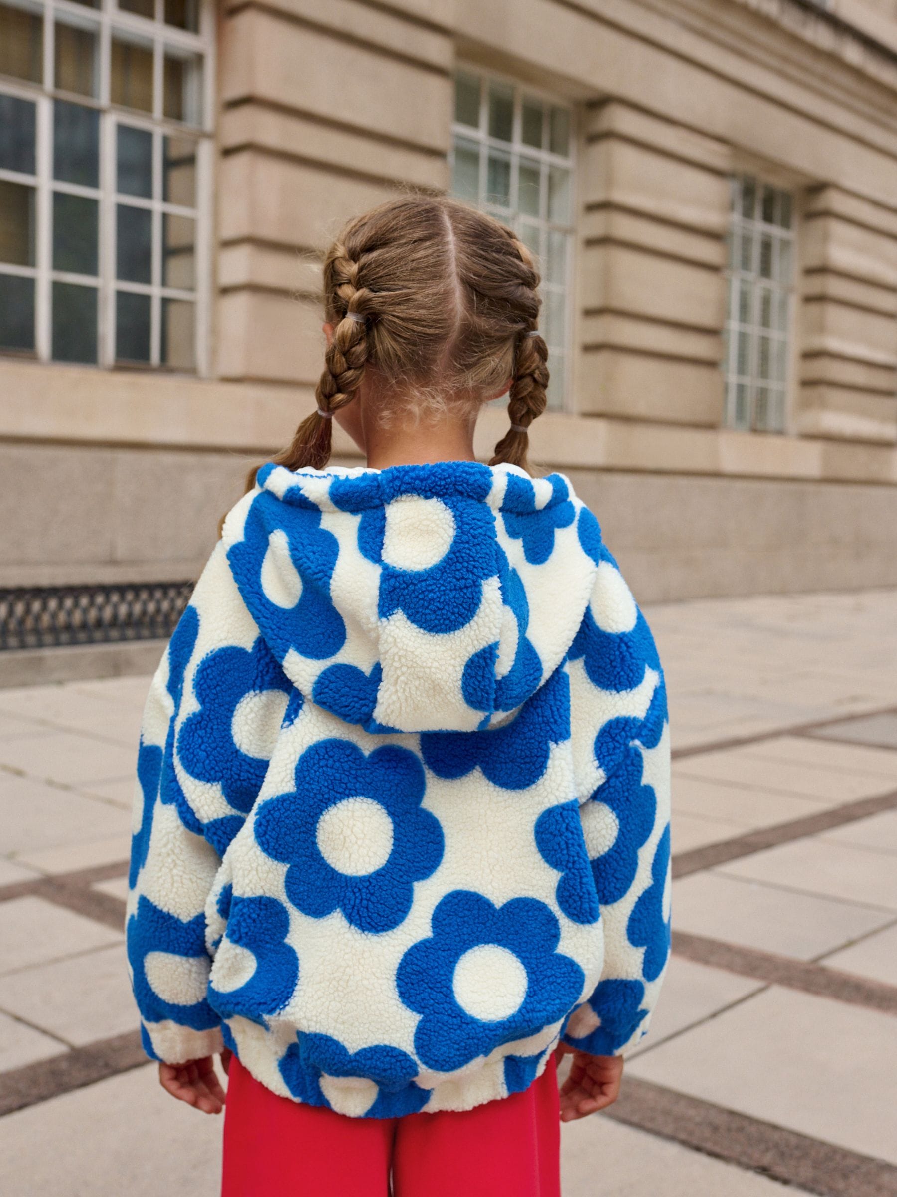 トップス BoTT 25SS 251BoTT04 Flower Hooded Jacket Buy Blue/White Flower Hooded Zip Borg Fleece Jacket (3-16yrs) from