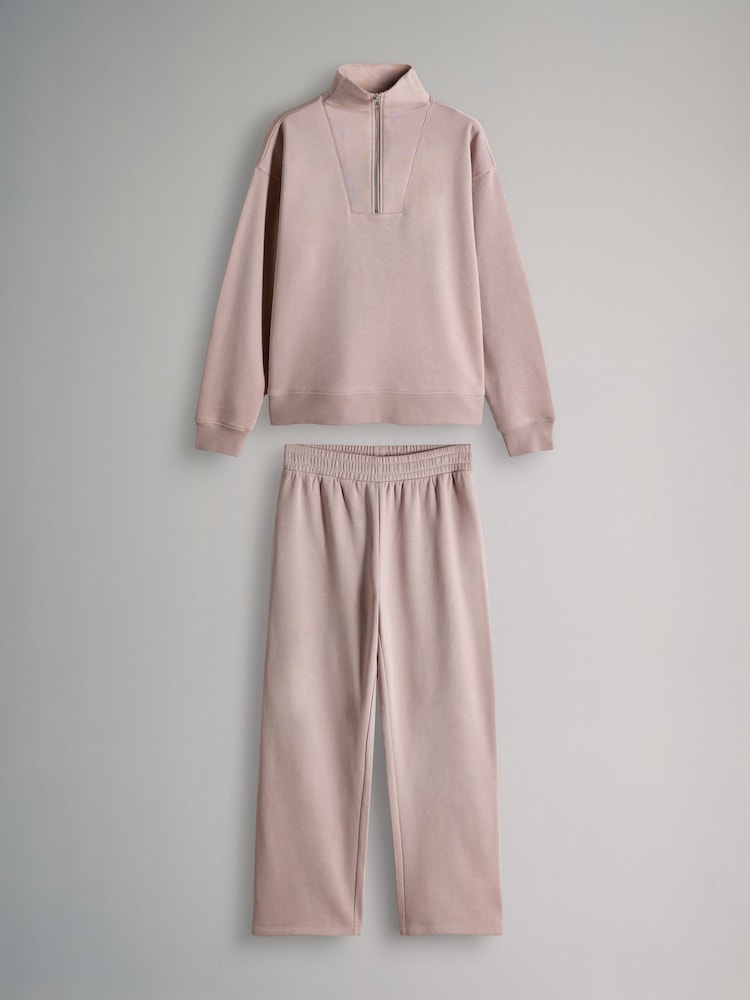 The Set Taupe Brown 2 Pack Half Zip Funnel Neck Sweatshirt and Wide Leg Joggers Set - Image 1 of 5