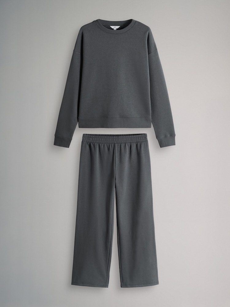 The Set Charcoal Grey 2 Pack Crew Neck Sweatshirt and Wide Leg Joggers Set - Image 1 of 5