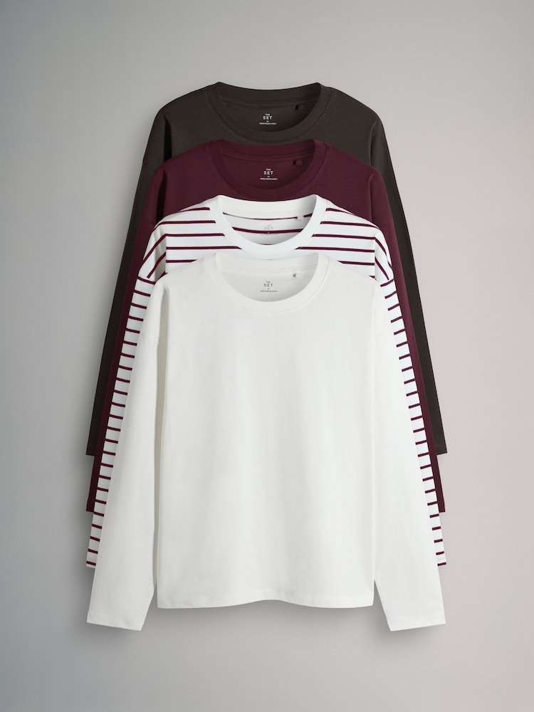 The Set Chocolate Brown/Berry/Stripe/Cream 4 Pack Heavyweight Relaxed Long Sleeve T-Shirts - Image 1 of 7 The Set Chocolate Brown/Berry/Stripe/Cream 4 Pack Heavyweight Relaxed Long Sleeve T-Shirts - Image 1 of 7