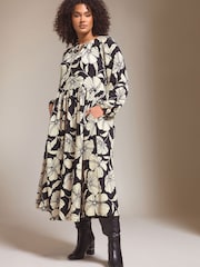 Evans Contrast Floral Print Crepe Black Midi Dress - Image 1 of 5