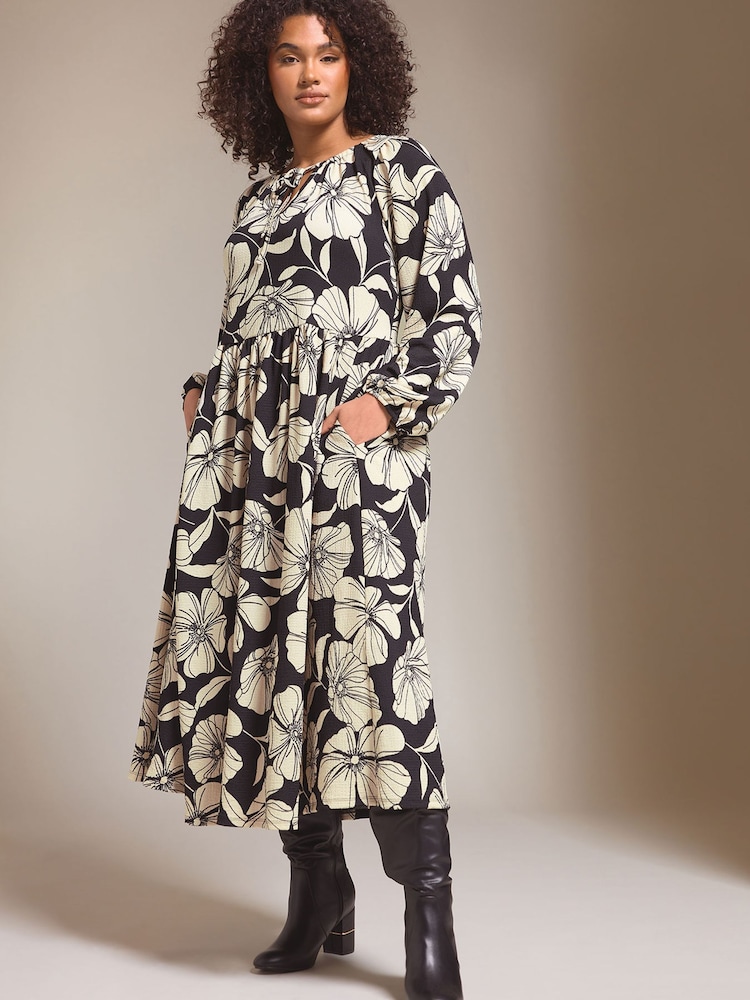 Evans Contrast Floral Print Crepe Black Midi Dress - Image 1 of 5