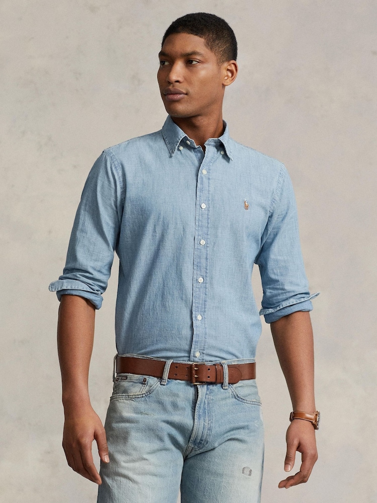 Polo Ralph Lauren Denim Blue Long Sleeve Custom Fit Oxford Shirt - Image 1 of 4