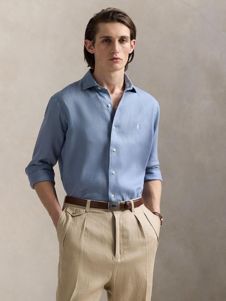 Polo Ralph Lauren Blue Custom Fit Linen Shirt - Image 1 of 4