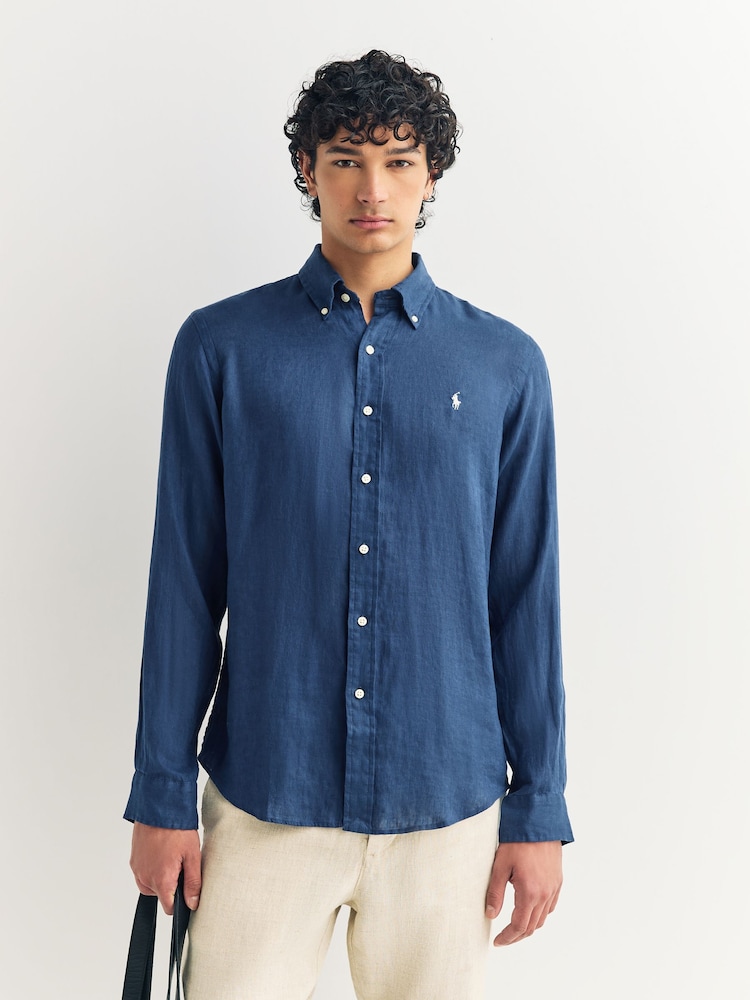 Polo Ralph Lauren Mid Blue Custom Fit Linen Shirt - Image 1 of 5 Polo Ralph Lauren Mid Blue Custom Fit Linen Shirt - Image 1 of 5