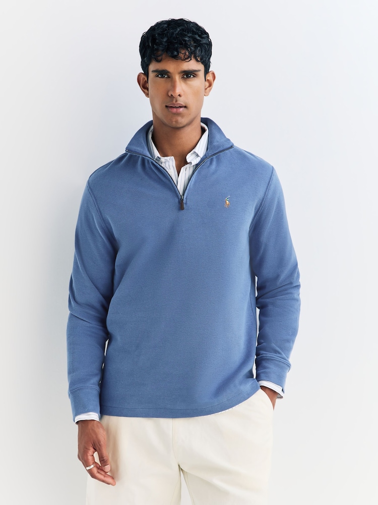 Polo Ralph Lauren Mid Blue Estate Rib Quarter Zip Sweatshirt - Image 1 of 9 Polo Ralph Lauren Mid Blue Estate Rib Quarter Zip Sweatshirt - Image 1 of 9