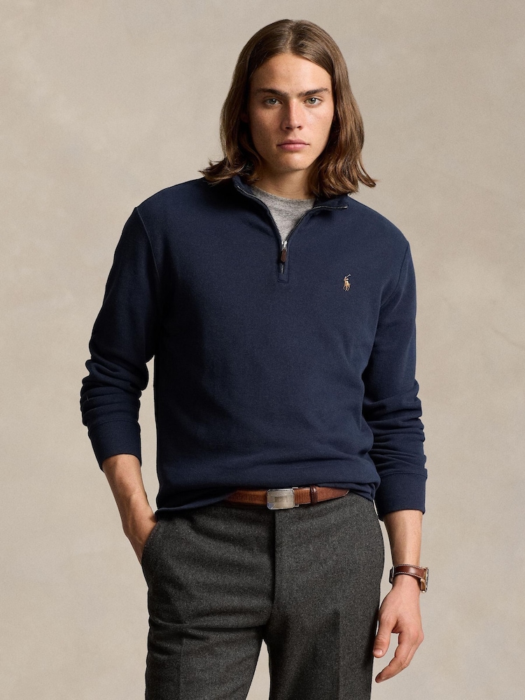 Polo Ralph Lauren Blue Estate Rib Quarter Zip Sweatshirt - Image 1 of 6 Polo Ralph Lauren Blue Estate Rib Quarter Zip Sweatshirt - Image 1 of 6