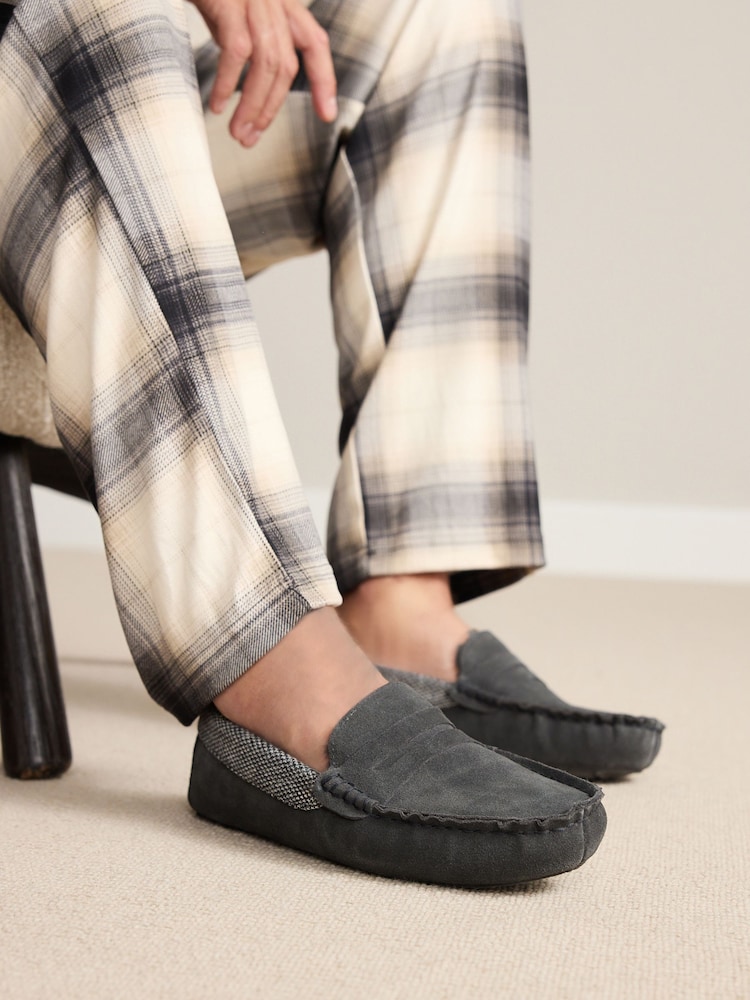 Grey Signature Suede Fabric Trim Moccasin Slippers - Image 1 of 7