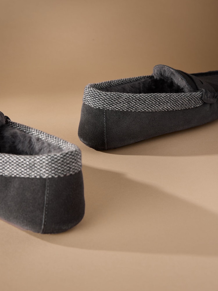 Grey Signature Suede Fabric Trim Moccasin Slippers - Image 7 of 7