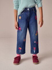 Mid Blue Floral Embroidered Straight Leg Jeans (3-16yrs) - Image 1 of 4