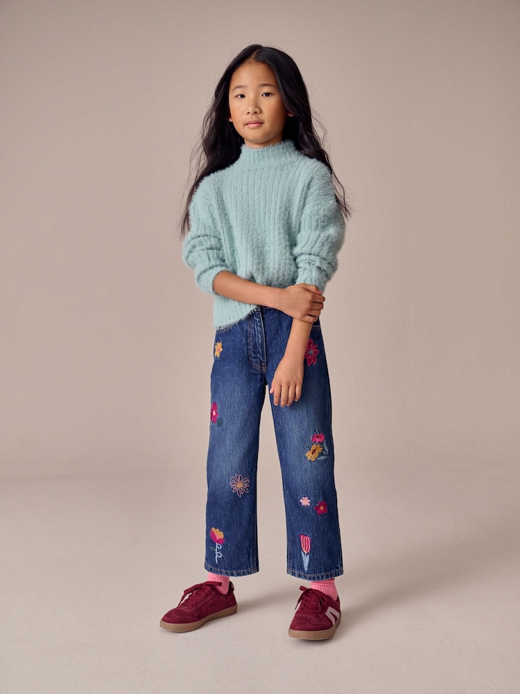 Mid Blue Floral Embroidered Straight Leg Jeans (3-16yrs) - Image 2 of 4