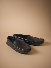 Black Ground Suede Faux Fur Lined Moccasin Slippers - Image 1 of 5