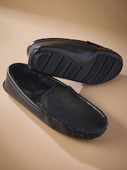 Black Ground Suede Faux Fur Lined Moccasin Slippers - Image 2 of 5