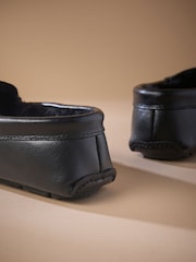 Black Ground Suede Faux Fur Lined Moccasin Slippers - Image 4 of 5